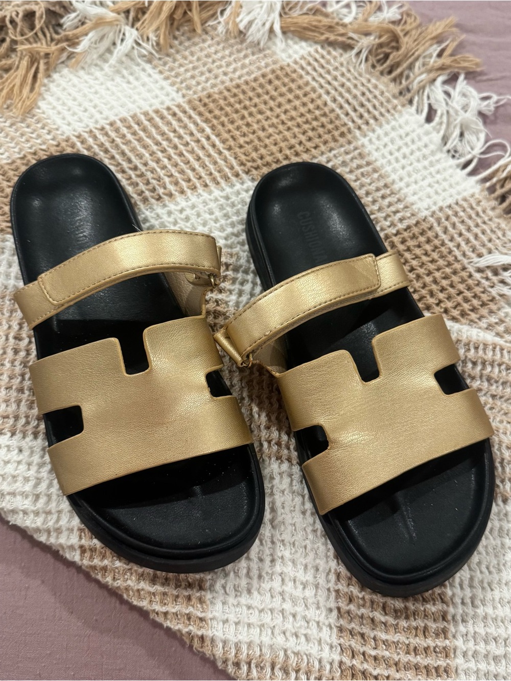 Gold Slide Sandals with Adjustable Strap for Women